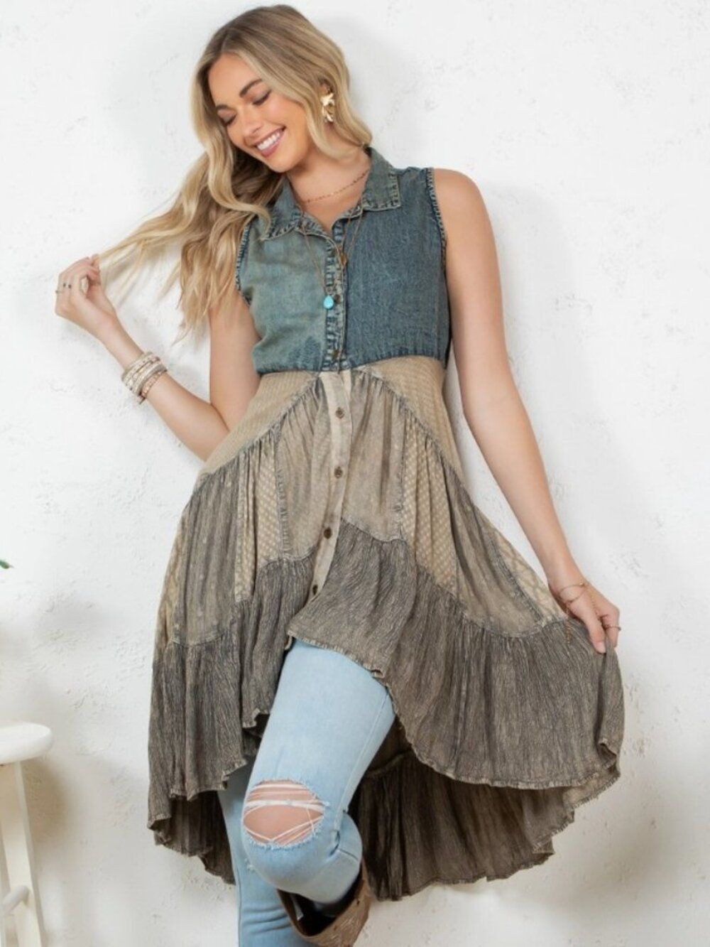 Young Threads Front-Open Asymmetrical High Low Top in Latte Size Large
